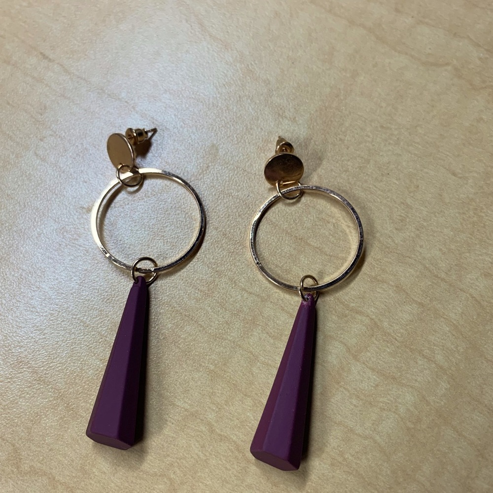 Gold & Maroon Dangly Hoop Post Earrings
